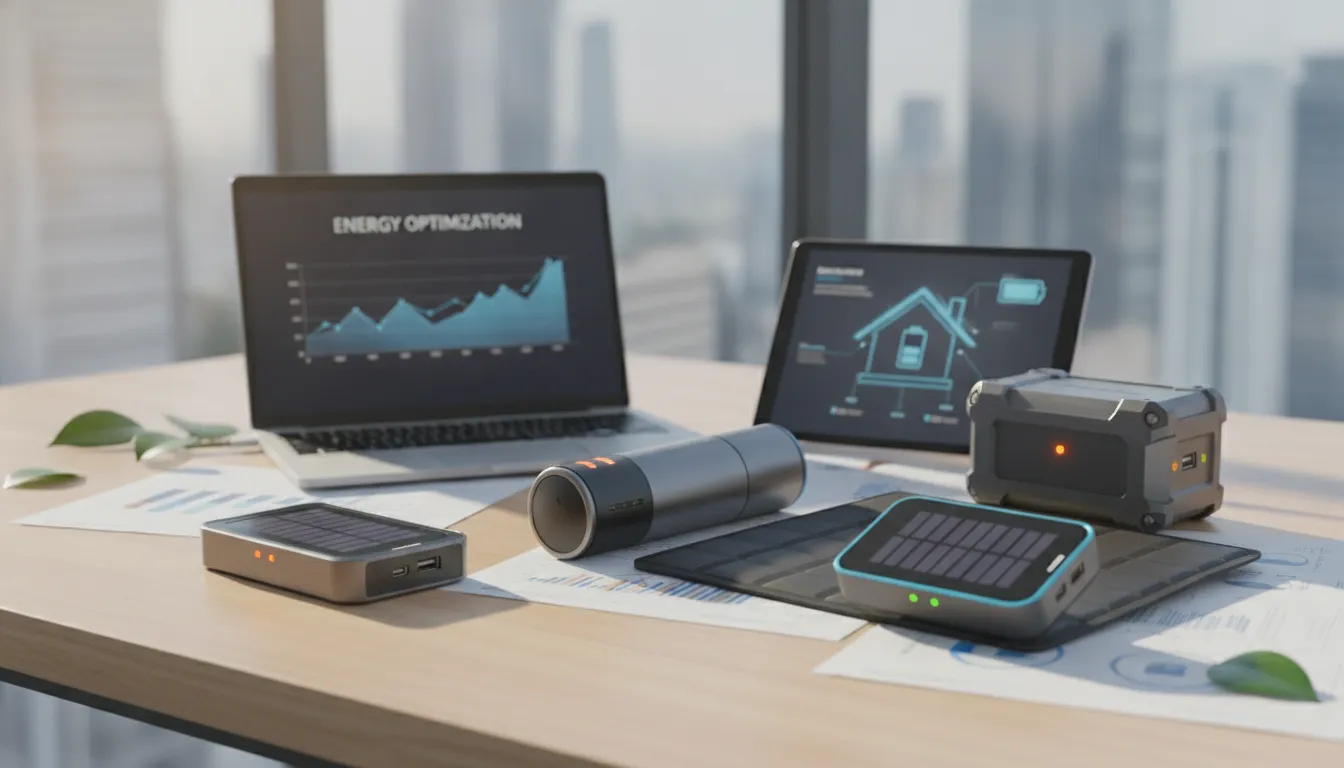 Solar battery chargers, power banks, and home batteries beside laptops displaying energy data.