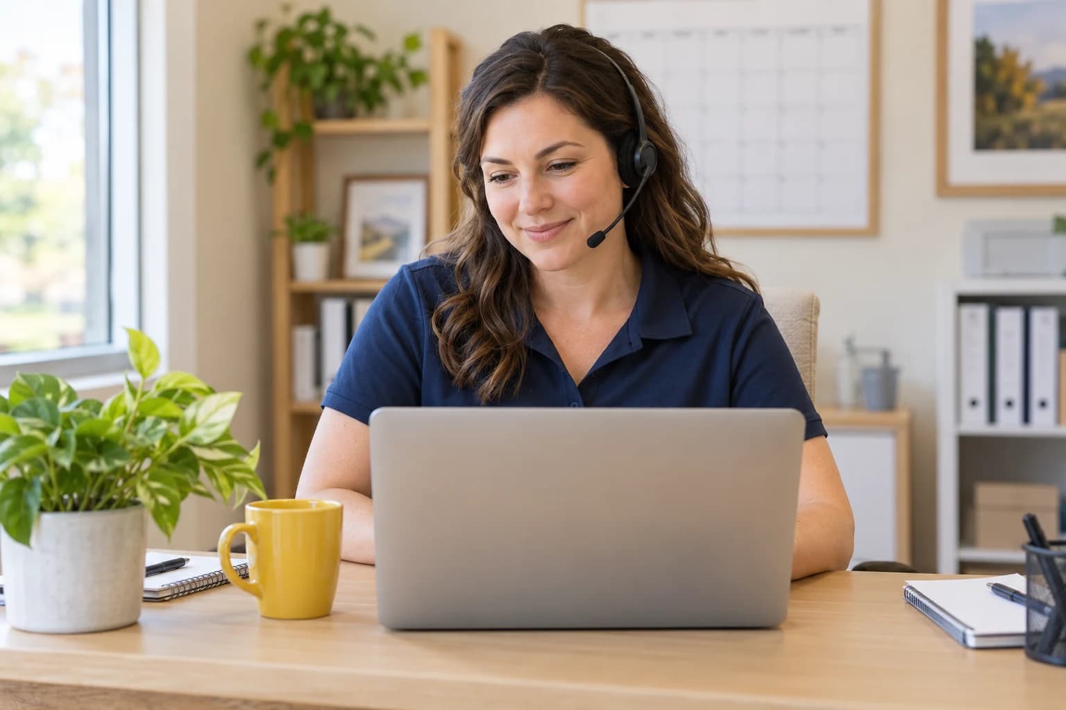 Illustrative service coordinator listening to a caller at her desk