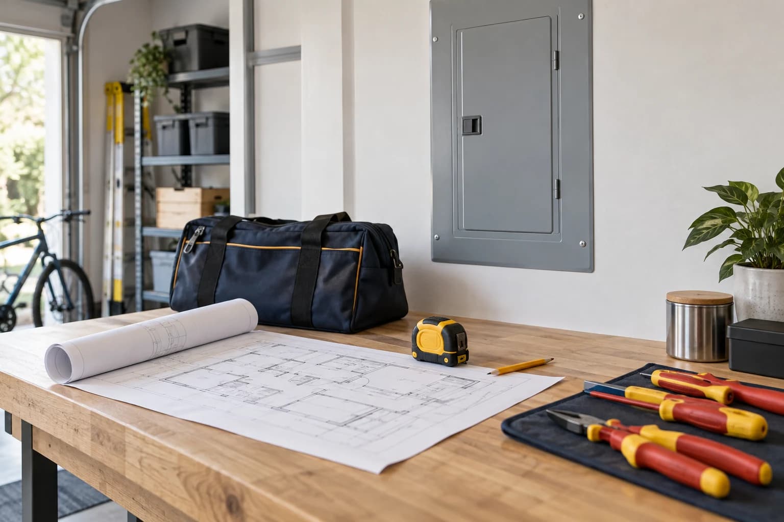 Floor plans and electrical tools on a workbench with a closed panel in the background