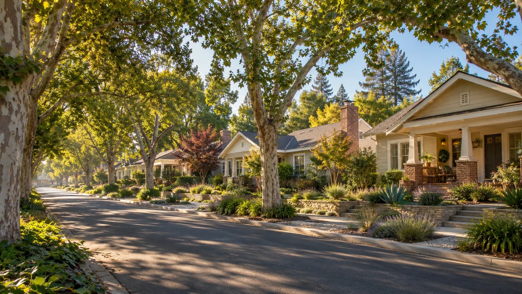 Illustrative tree-lined California neighborhood