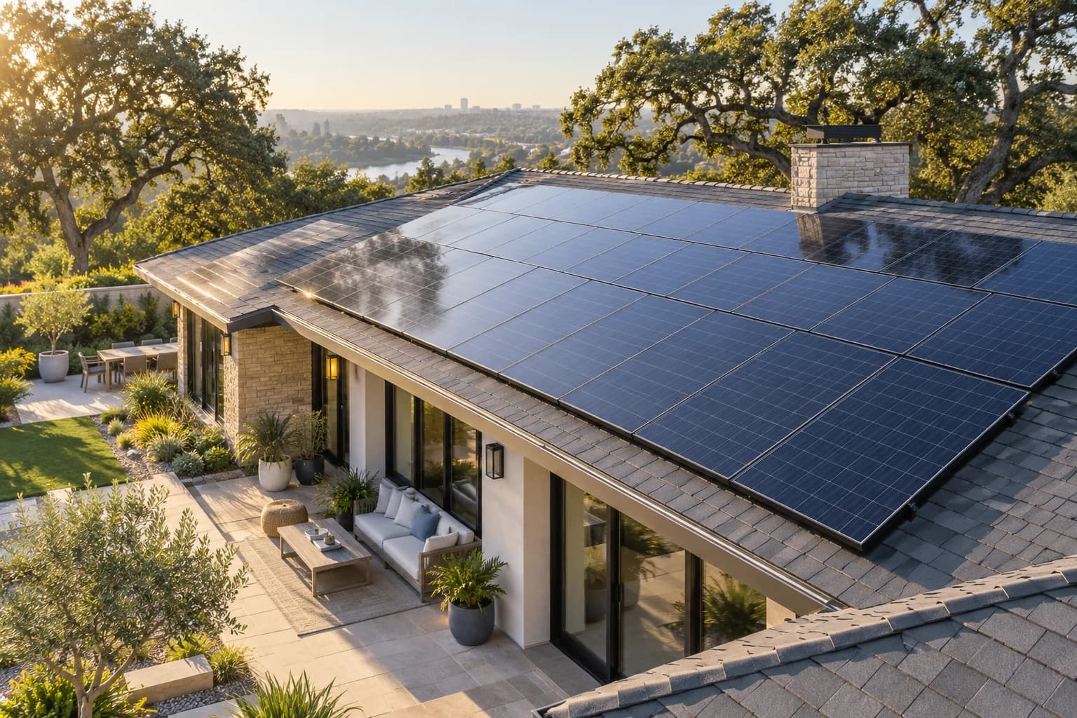 Solar panels arranged across the roof of a California home in morning light