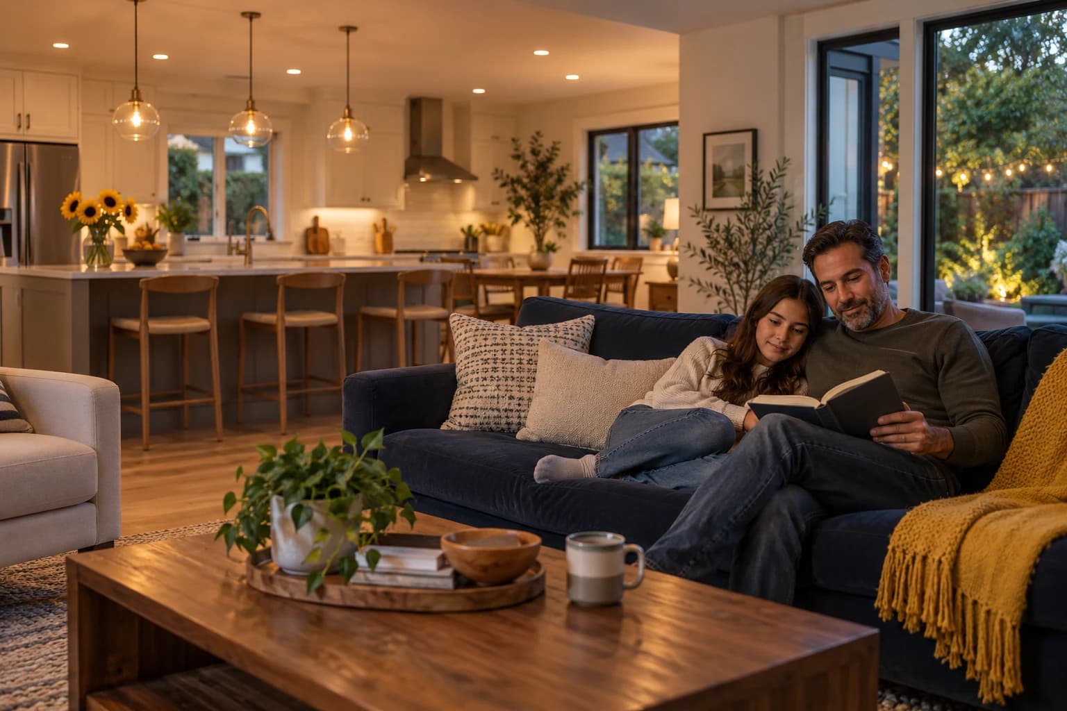 A parent and child reading together in a warmly lit family living room