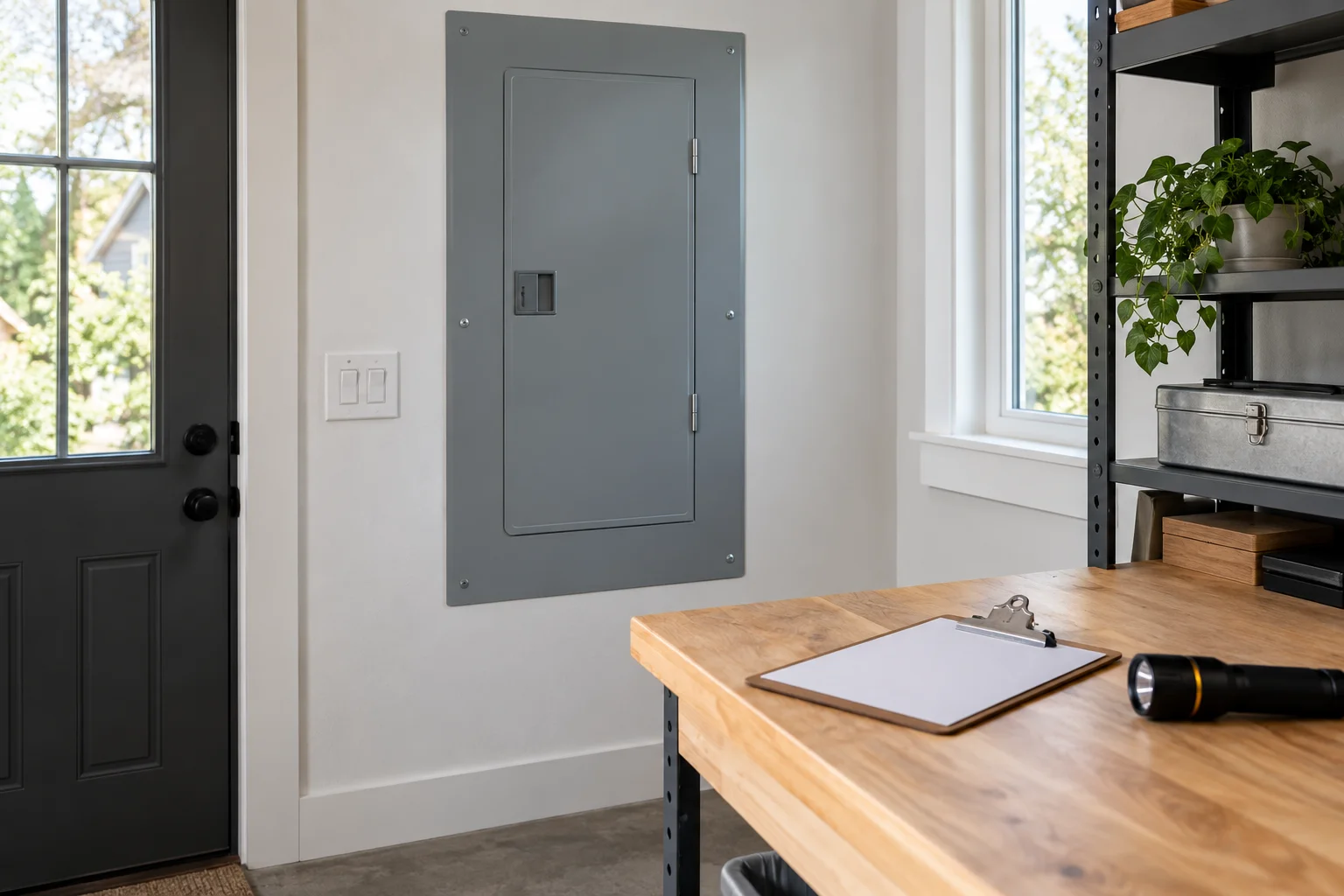Closed residential electrical panel beside a clipboard and flashlight