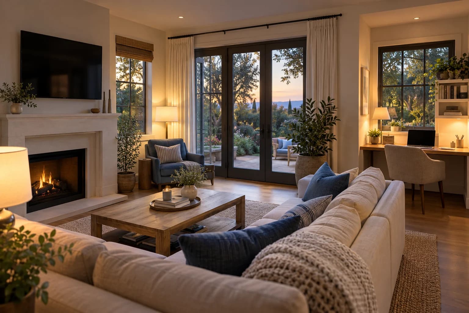 Calm living room with television, laptop and warm table lighting