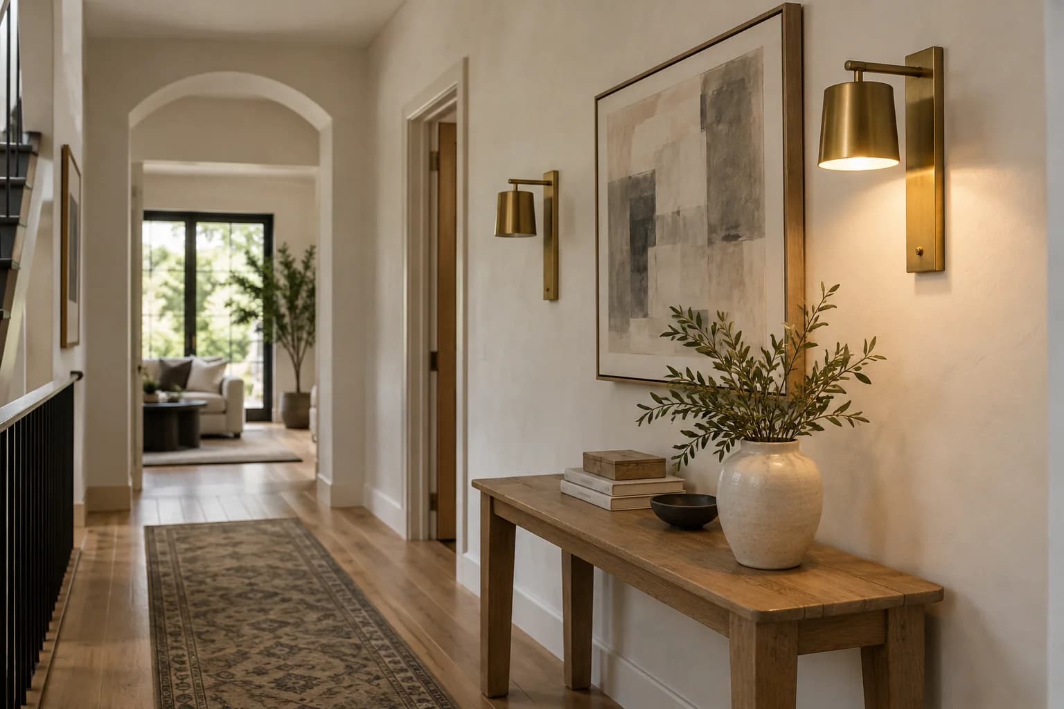 Two brass hallway wall sconces, one illuminated and one unlit