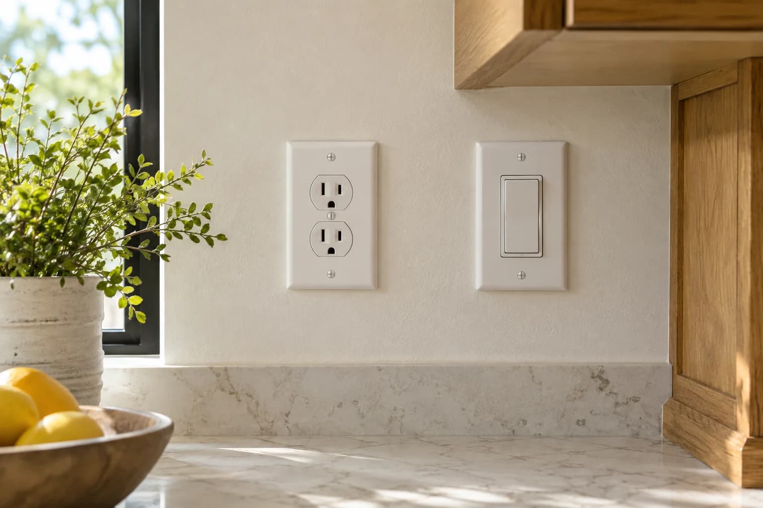 White electrical receptacle and rocker switch against a light kitchen wall