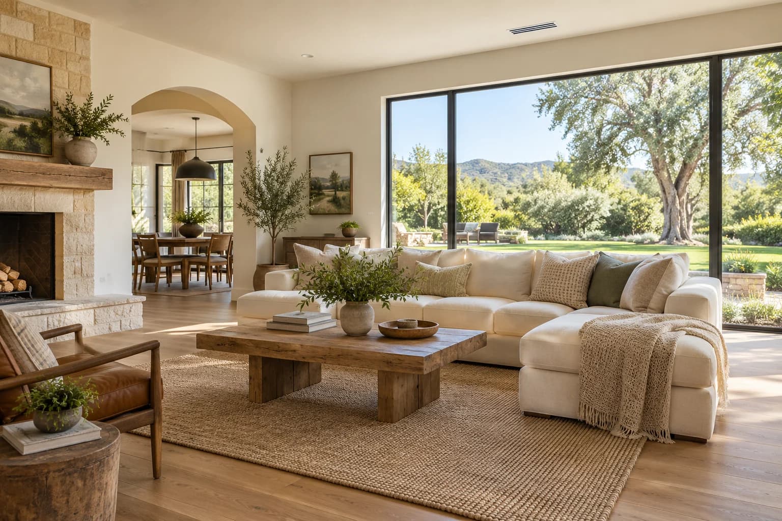 Sunlit California living room with a cream sofa, oak floors, and a ceiling air register