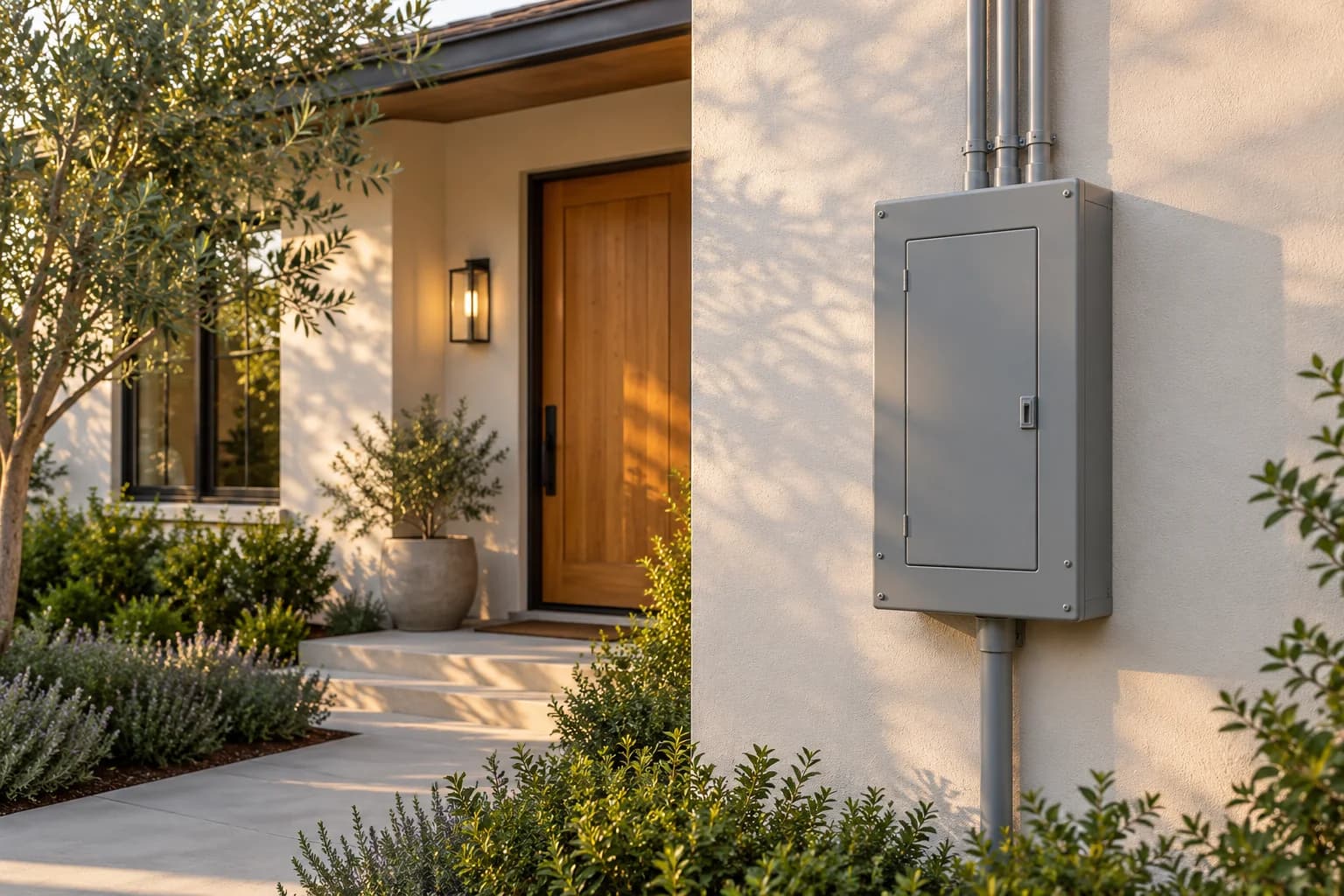 Enclosed electrical panel on the exterior wall of a California home