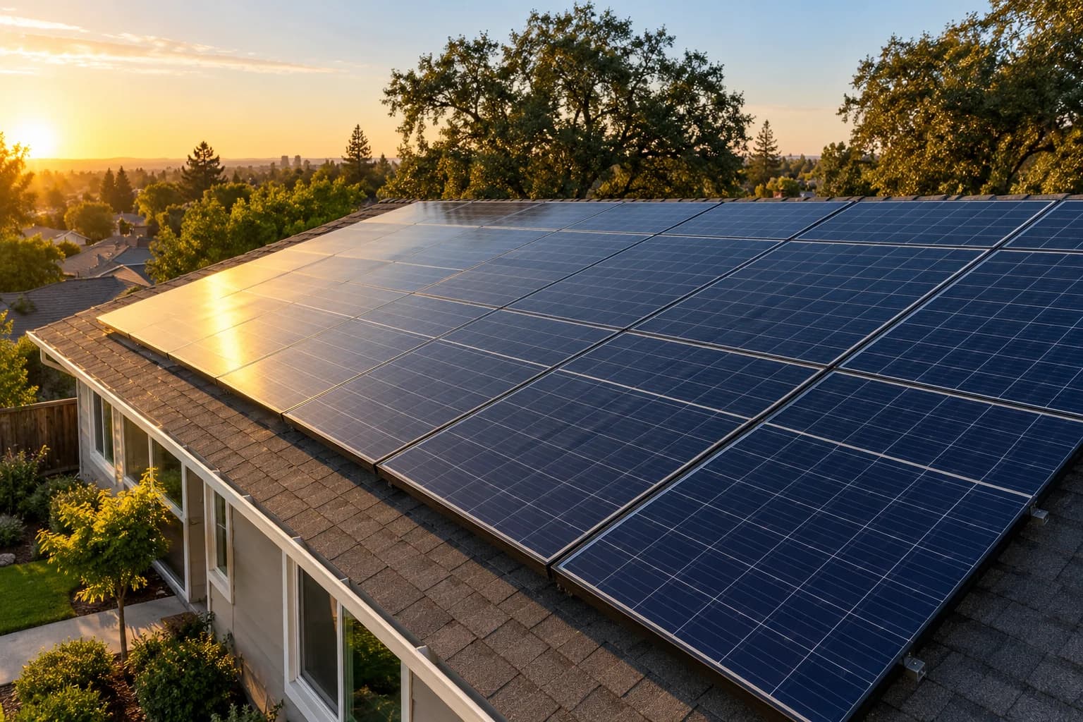 Dark solar modules on the roof of a California home in warm afternoon sunlight